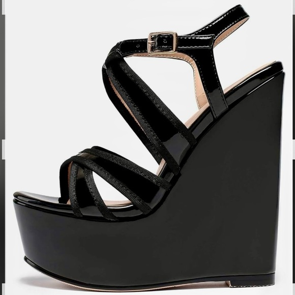 Wedge Platform Sandals Peep Toe Wedge Heel 6.5" Ankle Srap with 2” platform - Picture 2 of 6